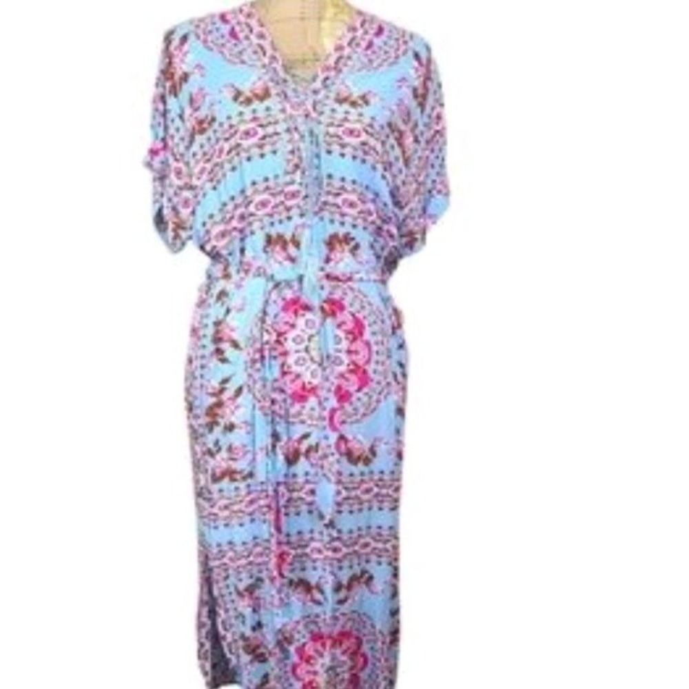 Entro NWT Bohemian Floral Maxi Dress Coverup Lace Up Front Tie Blue Large Boho